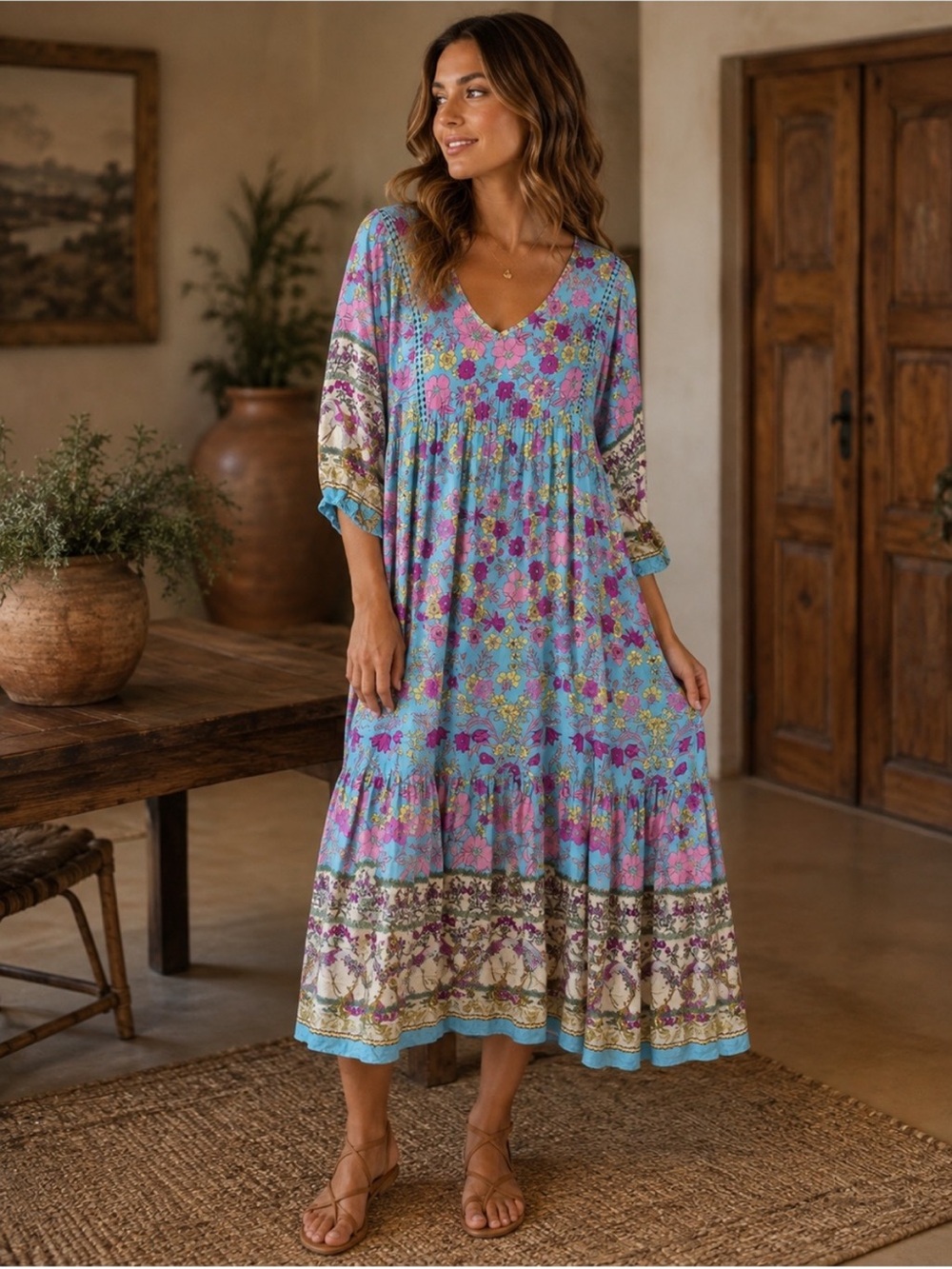 Rusty Dusty Bohemian Floral V-Neck Maxi Dress in Blue and Pink